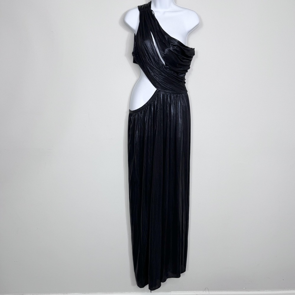 Luxxel Dress Women Large Black One Shoulder Pleated Cutout Maxi Gown Formal Glam
